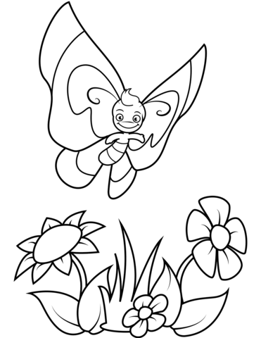 Smiling Butterfly Boy Flies Over Flowers Coloring Page